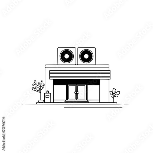 Black and white line drawing of a building with two air conditioning units and plants on each side