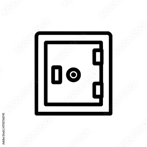 Illustration of a closed safe with a lock and hinges depicted in a simple black and white line drawing