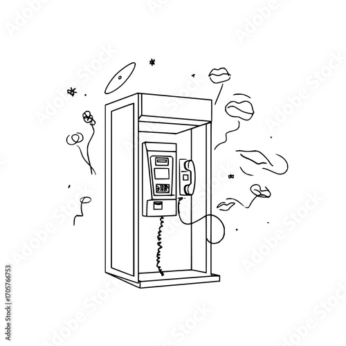 Illustration of a telephone booth with a phone inside and abstract shapes around it in black and white