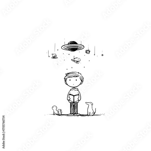 Boy reading a book with a ufo hovering above and food dangling down with two small animal friends nearby