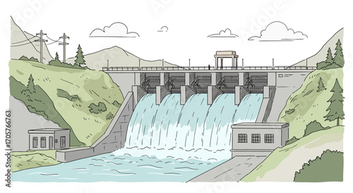 Hydroelectric Dam Power Generation with Water Flowing Through Spillways