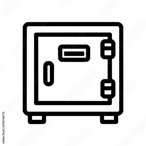Illustration of a black outline safe with a handle and hinges on a white background design element