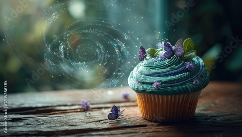 Enchanting teal cupcake adorned with purple blossoms and delicate butterflies, sitting on a rustic wooden surface, with ethereal swirls of light