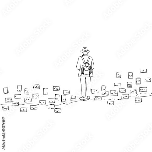 A person with a backpack and hat standing in front of many framed pictures against a white background