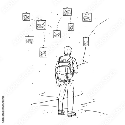A backpacker standing on a path looking at landscape pictures hanging in the air with dotted lines connecting them