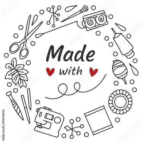 Handmade crafts wreath with sewing machine scissors thread and hearts for diy projects and creative hobbies design