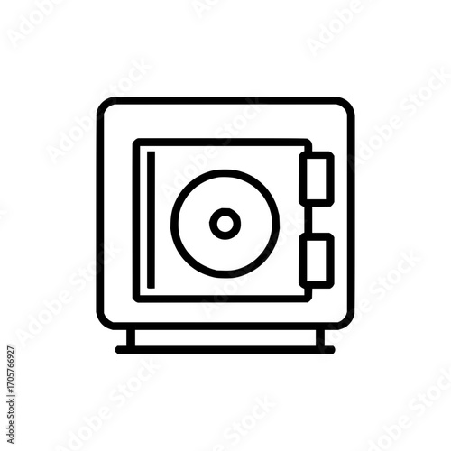 Illustration of a closed safe with a circular lock mechanism and two rectangular handles in black outline
