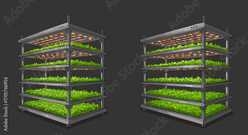 Indoor Vertical Farm Illustration of Shelved Plants and Crops