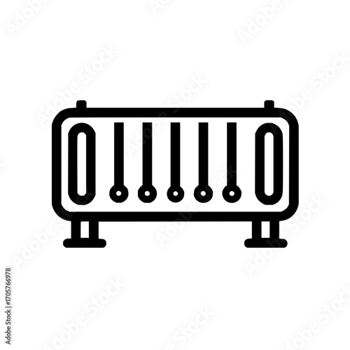 Illustration of a newton's cradle with multiple balls hanging from the top in a black outline