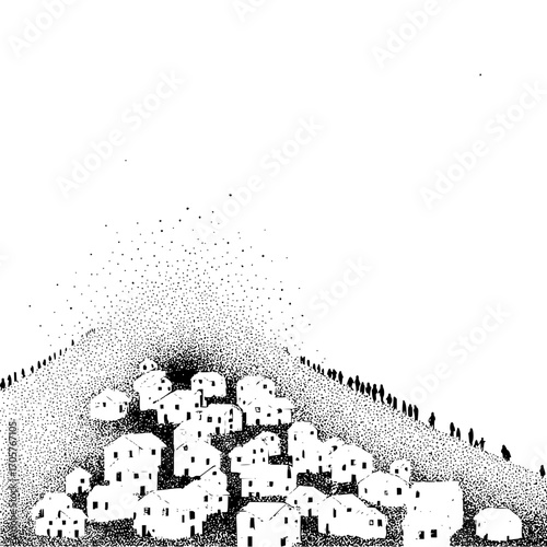 Black and white stippled illustration of a village with people walking along the sides of the hill