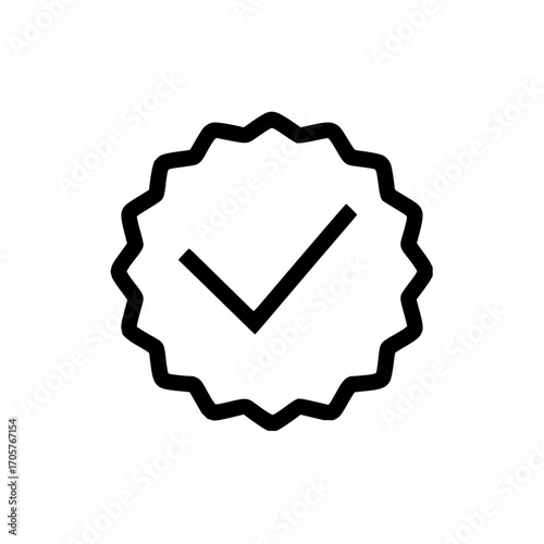 A black check mark inside a black jagged edged circle on a white background indicating verification status