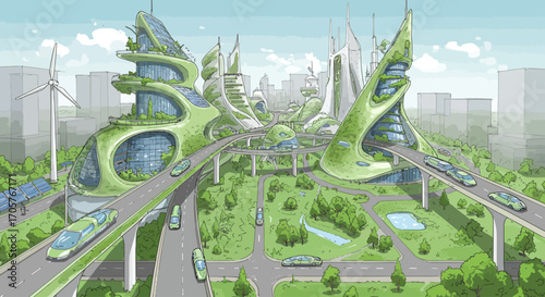 Futuristic green city with sustainable transportation and renewable energy