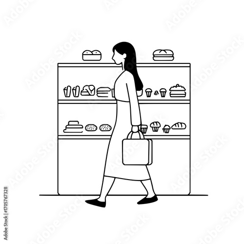 Woman walking past bakery display case filled with pastries and breads in a minimalist black and white style