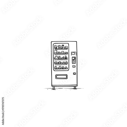 A simple line drawing of a vending machine with various snacks and drinks inside on a white background