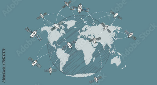 Sketch illustration of a global satellite network for worldwide communication