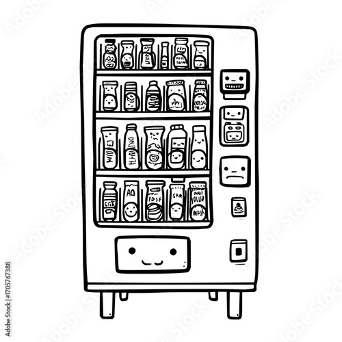 Illustration of a vending machine filled with various jars and containers with cute faces and labels