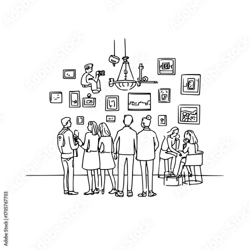 Group of people viewing artwork hanging on a wall with a chandelier in a museum sketch illustration