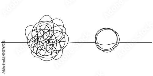 Mindfulness Idea Concept Doodle. Hand Drawn Symbol Vector, Chaotically tangled line and untied knot in form of circle continuous one line drawing, Psychotherapy concept of solving problems is easy. 