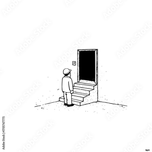 A person with a hat standing at the bottom of stairs leading to a dark doorway in a white room sketch