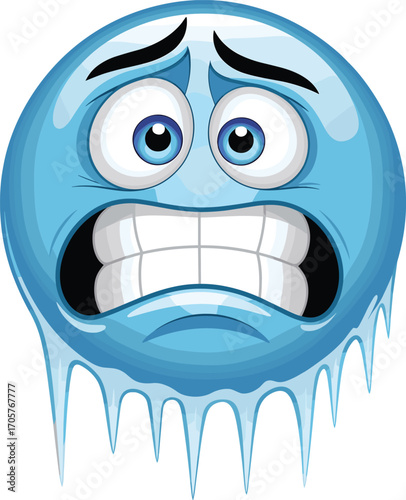 Freezing cold emoji with icicles, cartoon frozen face expression, blue winter emoticon illustration for weather or emotion - flat vector illustration