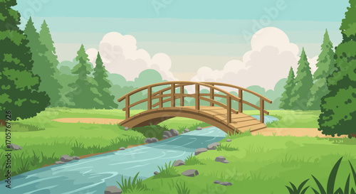 Picturesque wooden bridge spans a peaceful river in a vibrant, lush forest park