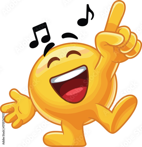 Happy emoji dancing with music notes, joyful yellow character illustration, cheerful emoticon clipart, fun cartoon expression - flat vector illustration