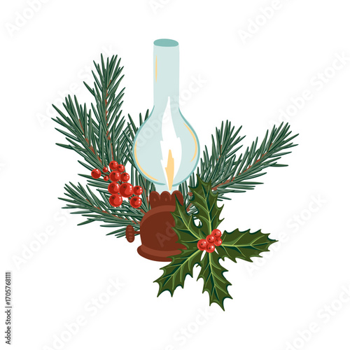 vector drawing Christmas composition, vintage kerosene lamp and fir branch with green needles and holly leaves and red berries, hand drawn illustration