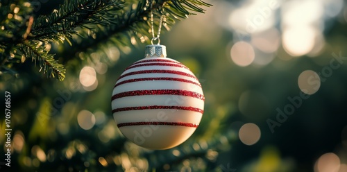 Beautiful Christmas Ornament Hanging on a Tree Branch in Bright Outdoor Light