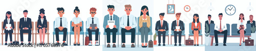 vector of interview candidates sitting nervously in line