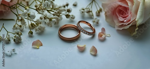 Elegant Wedding Rings Displayed With Flowers and Petals on a Soft Surface