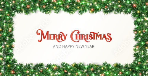 Holiday banner. Christmas tree frame with fir branches and colorful glowing lights. Merry Christmas lettering. Perfect for winter headers, party posters, invitations, social media banners. Vector.