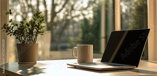 Sunlit Workspace With Laptop, Coffee Cup, and Potted Plant in a Cozy Indoor S...