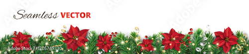 Seamless vector Christmas tree bottom decoration with red poinsettias, holly berries, fir branches, glowing lights, and ribbons. Transparent background in vector file. Great for greeting cards and ban