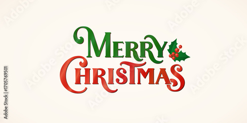 Vintage Merry Christmas lettering in red and green with swirl elements and holly berry decoration. Great for greeting cards, posters, invitations, gift tags, and seasonal social media designs.