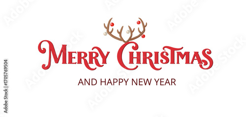 Red Merry Christmas lettering with antlers. Reindeer horns with hanging ornaments. Great for holiday greeting cards, Christmas gift tags, posters, social media. Transparent background in vector file.