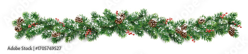 Horizontal Christmas garland with snowy fir branches, pine cones, and holly berries. Festive design for winter banners, cards, invitations, and seasonal posters. Transparent background in vector file.