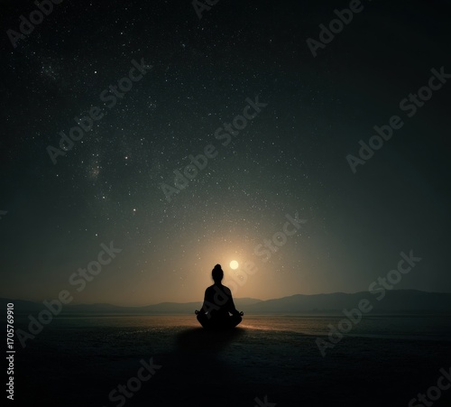 Silhouetted figure in lotus pose meditates under a starlit sky, the moon providing a gentle glow on the horizon, creating a serene, contemplative atmosphere