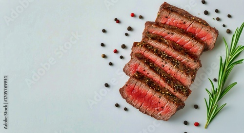 Grilled Steak Served With Herbs and Spices on a White Plate in a Culinary Set...
