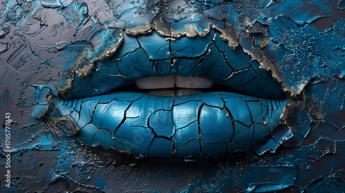Cracked Blue Lips Resembling Dried Paint Texture – Close-Up Conceptual Beauty Portrait