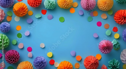 Colorful Decorations and Confetti on Blue Background for Festive Celebration ...