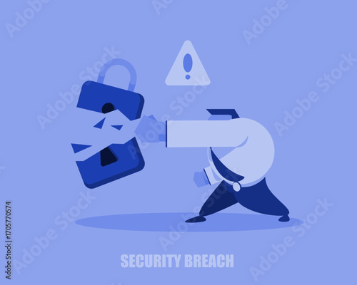 A businessperson breaks a lock symbol, representing a security breach and data vulnerability with alert signs highlighting cybersecurity threats.