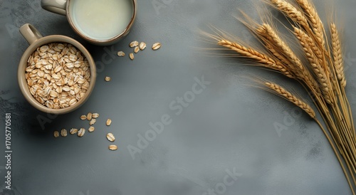 Breakfast Preparation With Oats and Milk on Blue Textured Surface.
