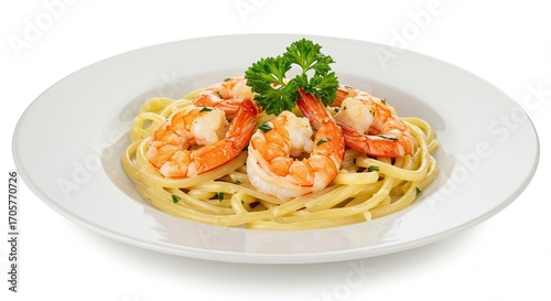 Shrimp Scampi with Pasta on White Plate Fine Dining