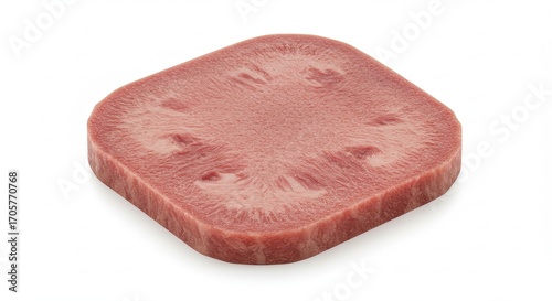 Single Pink Meat Slice Square on White Background