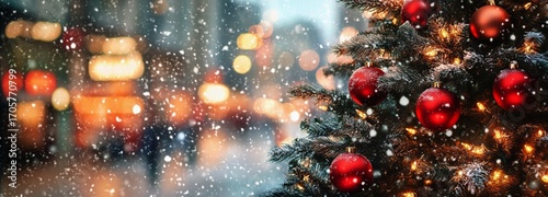 Snowfall Creates a Festive Atmosphere Near a Beautifully Decorated Christmas ...