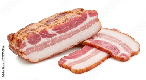 Sliced Cured Bacon with Fat on White Background