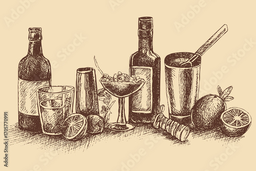 Mixology illustration in a vintage style. This vector illustration can be used in any size you like for advertising, logos, and other work.