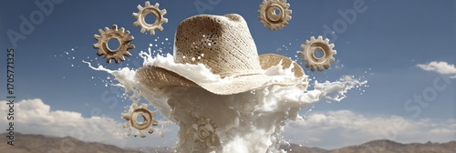 Surreal composition of a straw hat engulfed in a splash of white liquid, with gears floating against a blue sky and desert landscape