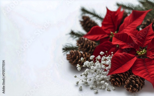 Seasonal Floral Arrangement With Red Poinsettias and Pinecones for Festive De...