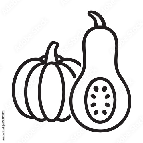 Group of squashes with vines and flowers in a seamless vector layout